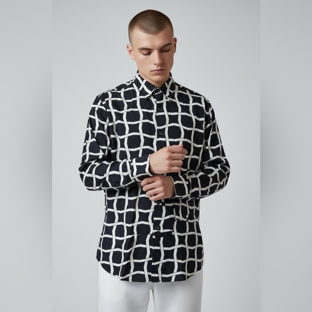 La Monde Collection. Men’s black white long sleeve button-down shirt 15/15 1/2